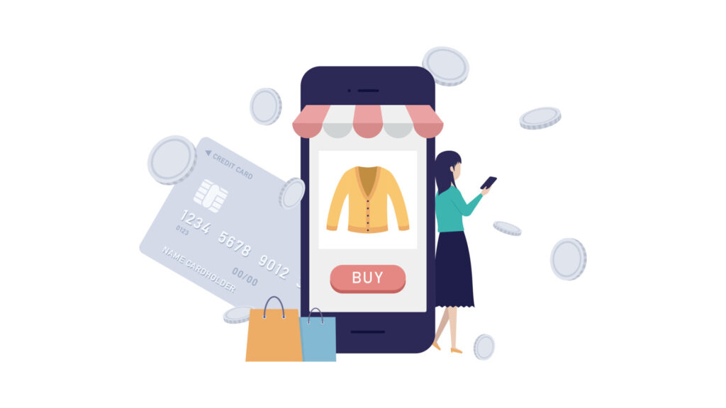 スマホで買い物をしている女性のイラスト