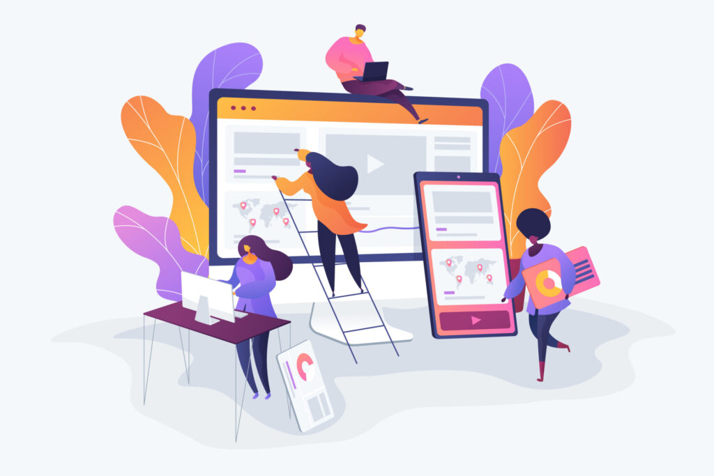 PCのサイトを制作している人たちのイラスト