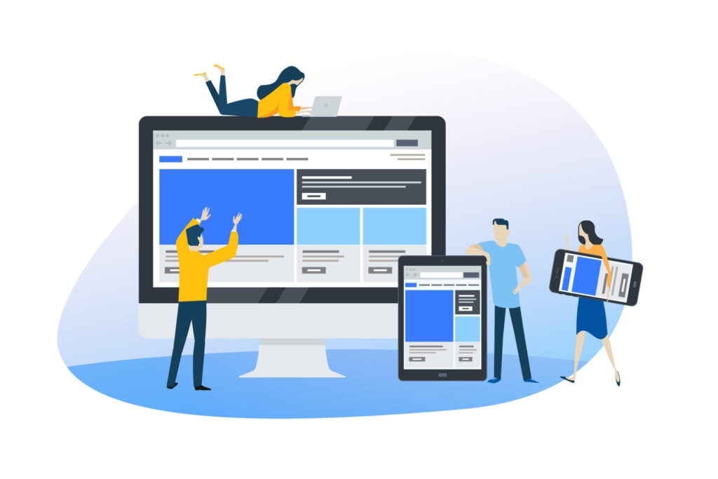 企業のページを作成している人たちのイラスト