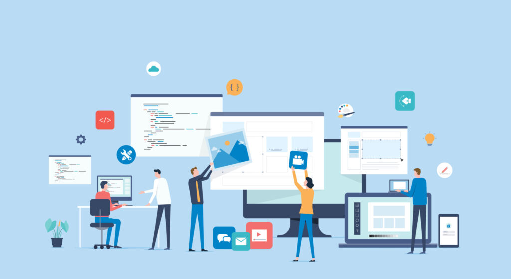 Webサイトのユーザビリティを高めようと設計をしている人々のイラスト