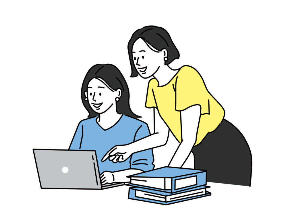 後輩にサイト制作の手順について教えている先輩のイラスト