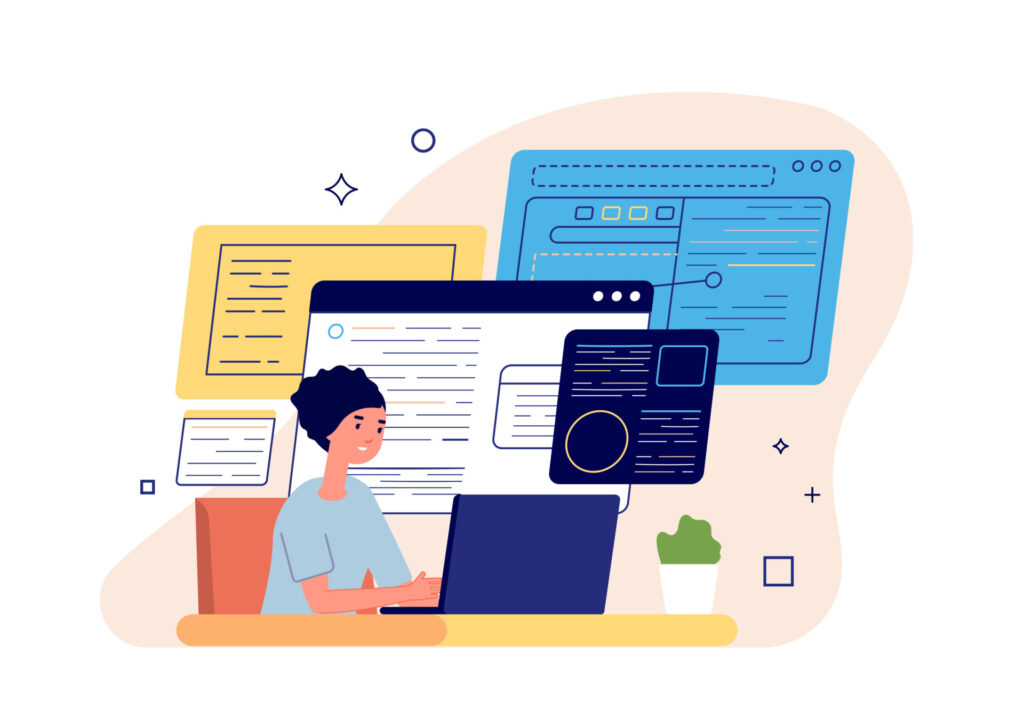 PCでブランディングのページを作成している女性のイラスト